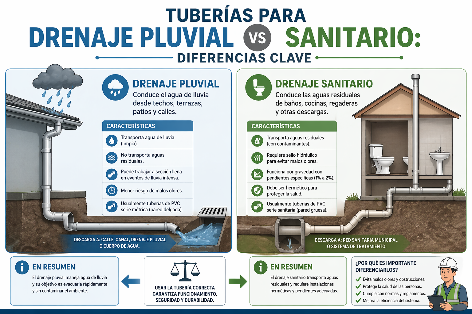 Tuberías para drenaje pluvial vs sanitario: diferencias clave